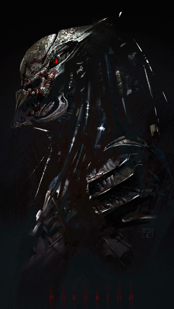 Side view of wounded Predator with detailed armor and glowing red eyes in dark background wallpaper