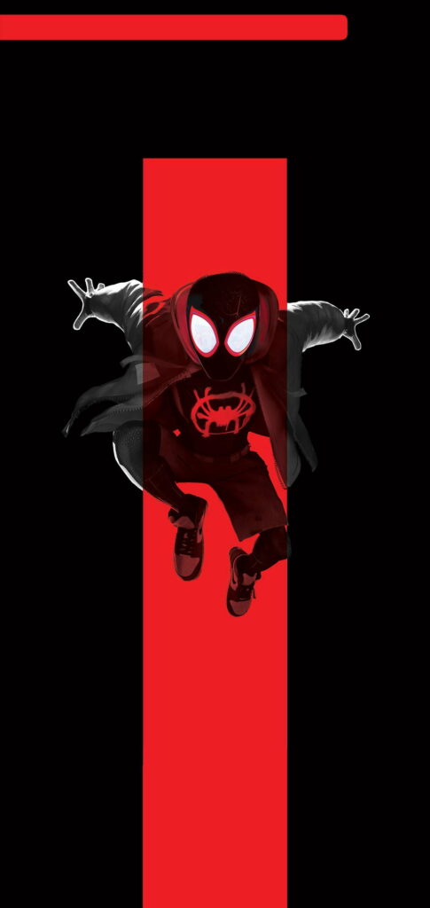 Dynamic Spider-Man Super AMOLED wallpaper with red stripe on black, HD phone background.