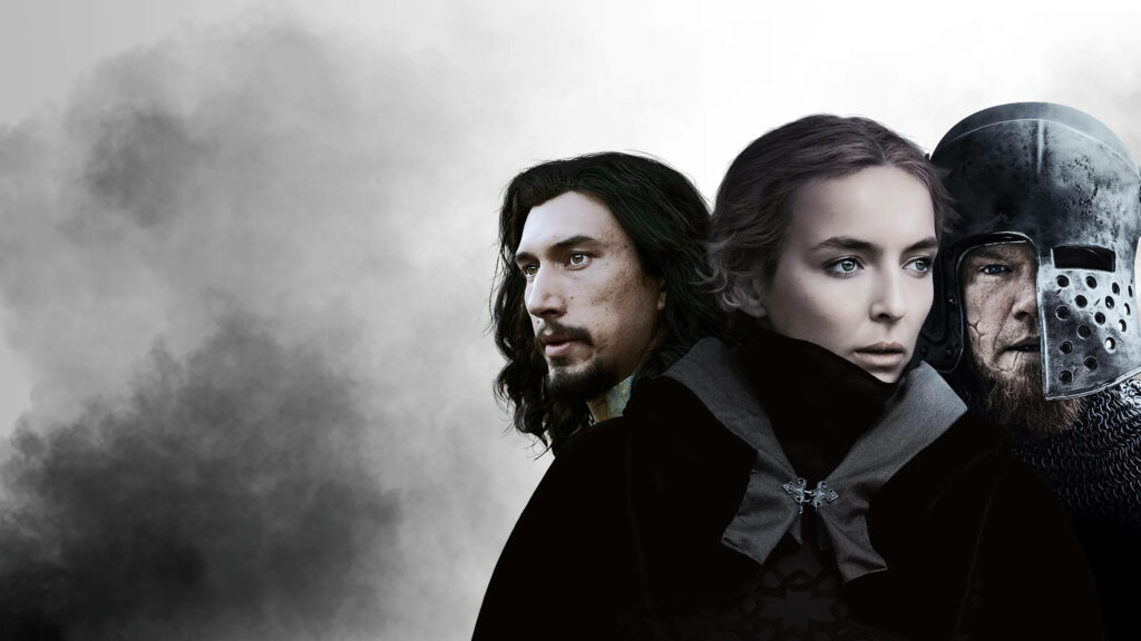 Epic Last Duel Wallpaper: Three Characters in Medieval Grey Clouds
