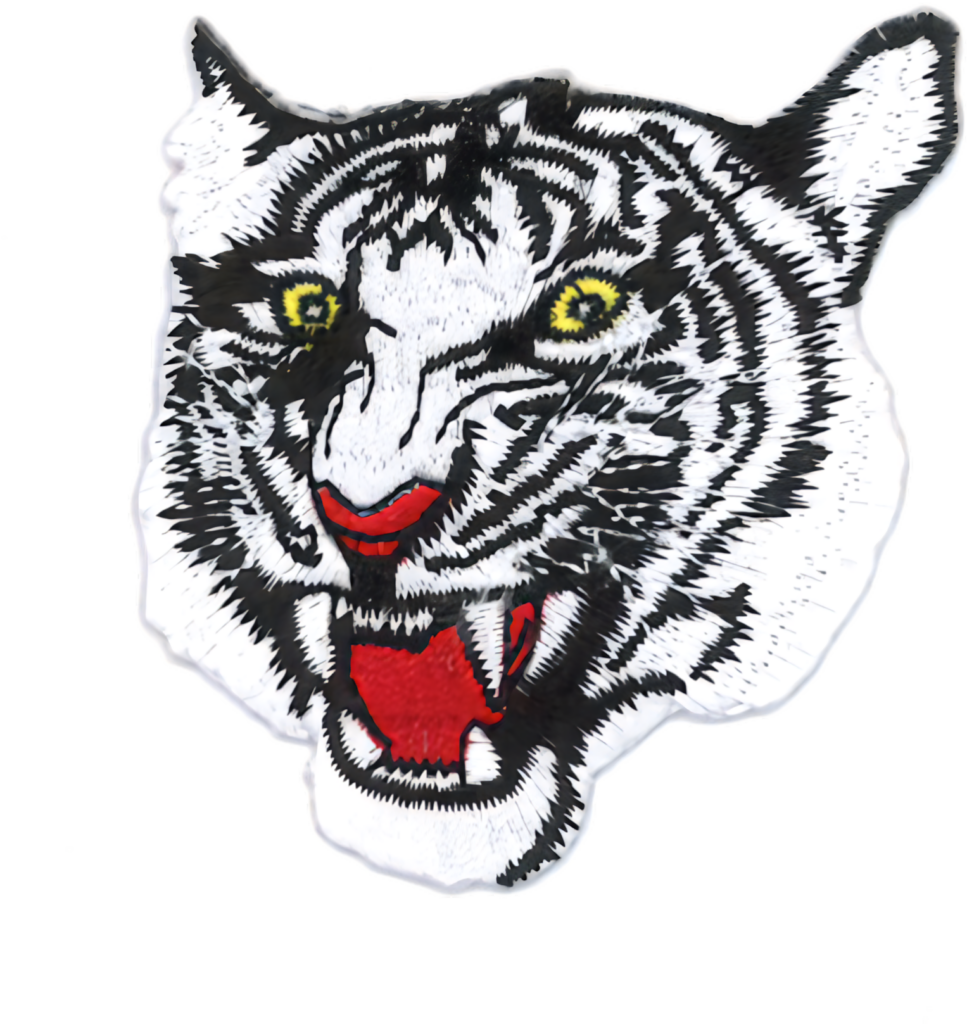 Fierce Tiger Embroidered Patch: Intricate Black, White & Yellow Design Wallpaper