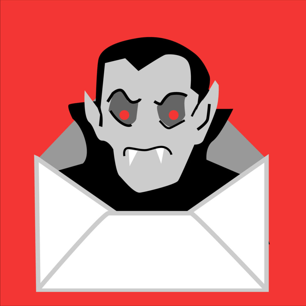 Striking vampire emerging from envelope on bold red background mysterious twilight wallpaper