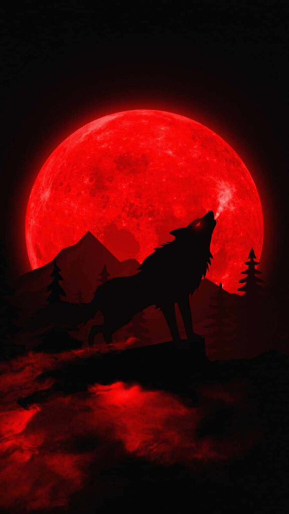 Wolf Howling at Blood Moon Wallpaper: Mysterious Red Night Sky