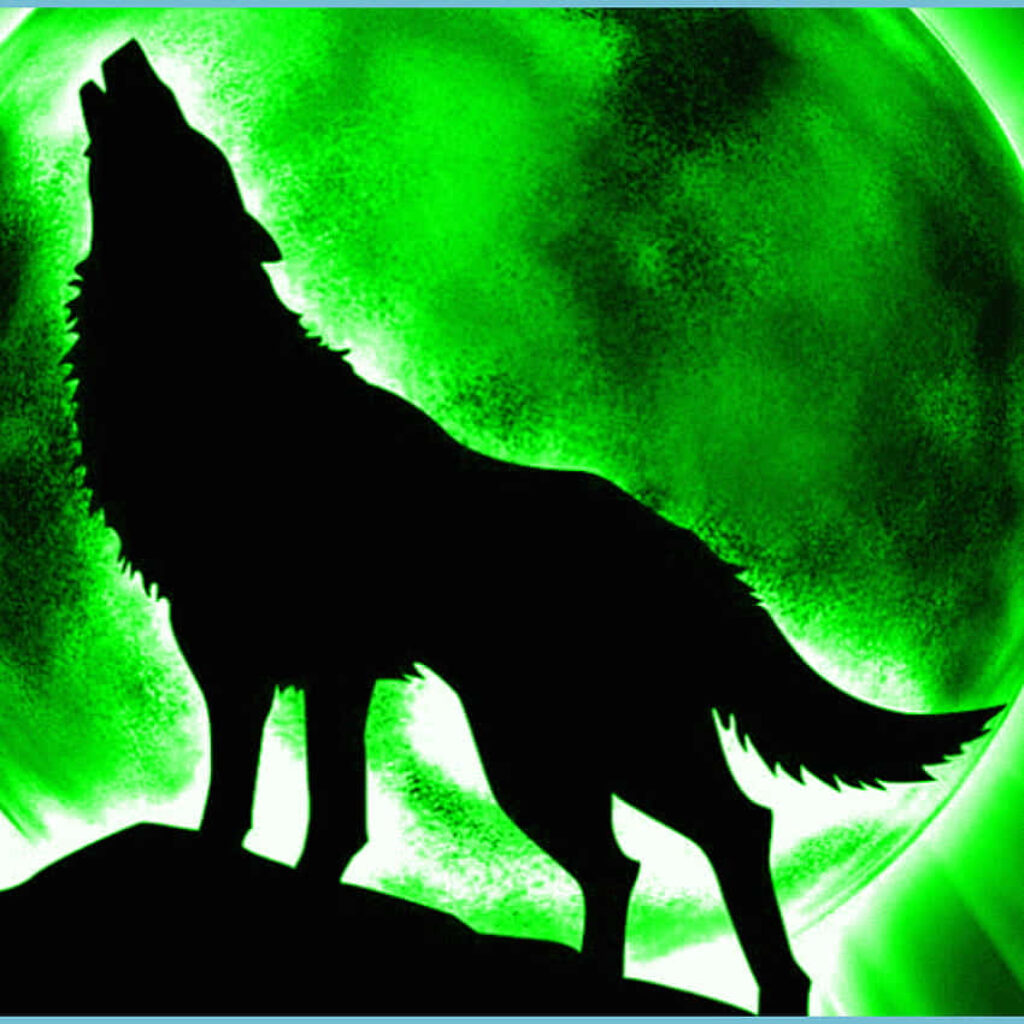 Howling Wolf Silhouette with Vibrant Green Full Moon Background Wallpaper