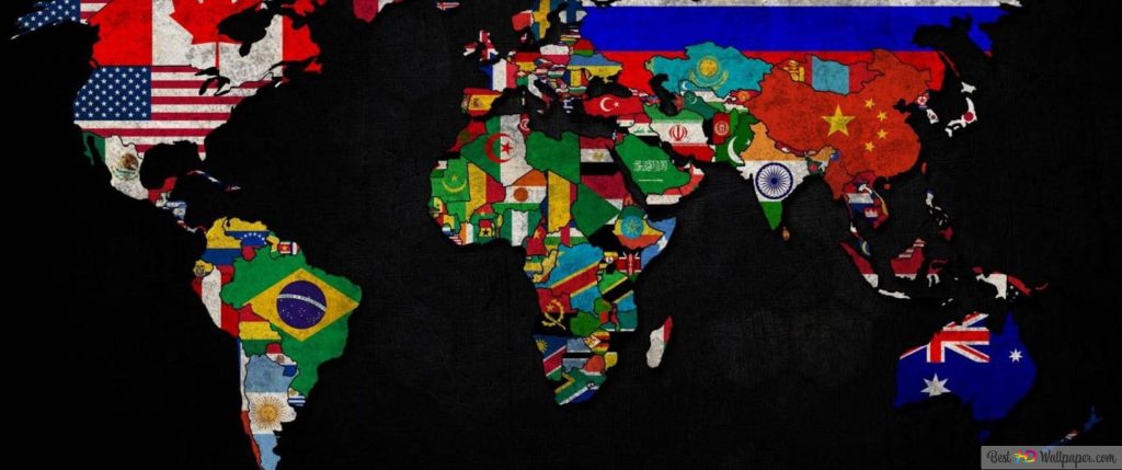 World map wallpaper with countries filled by flags on textured black background for geography fans