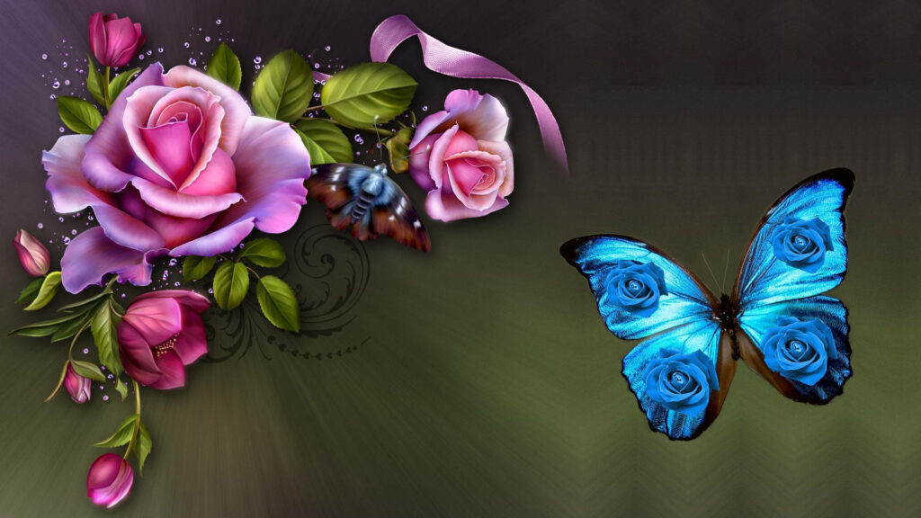 Vibrant Blue Butterfly Amidst Pink Roses: A Striking Digital Art Wallpaper with Photoshop Sharp Effect