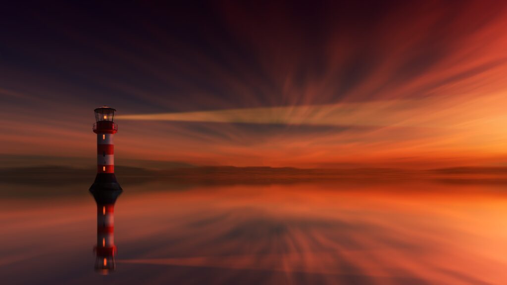 Striped lighthouse beam over calm waters at vibrant orange purple sunset serene wallpaper background