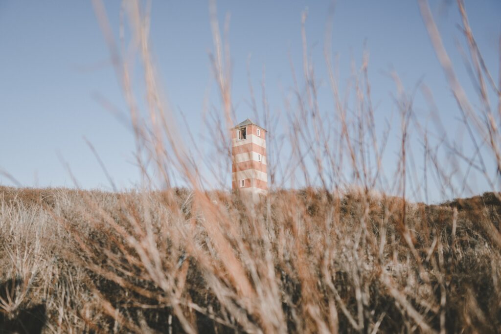 Striped tower rising above wild grasses under clear blue sky peaceful rustic landscape wallpaper
