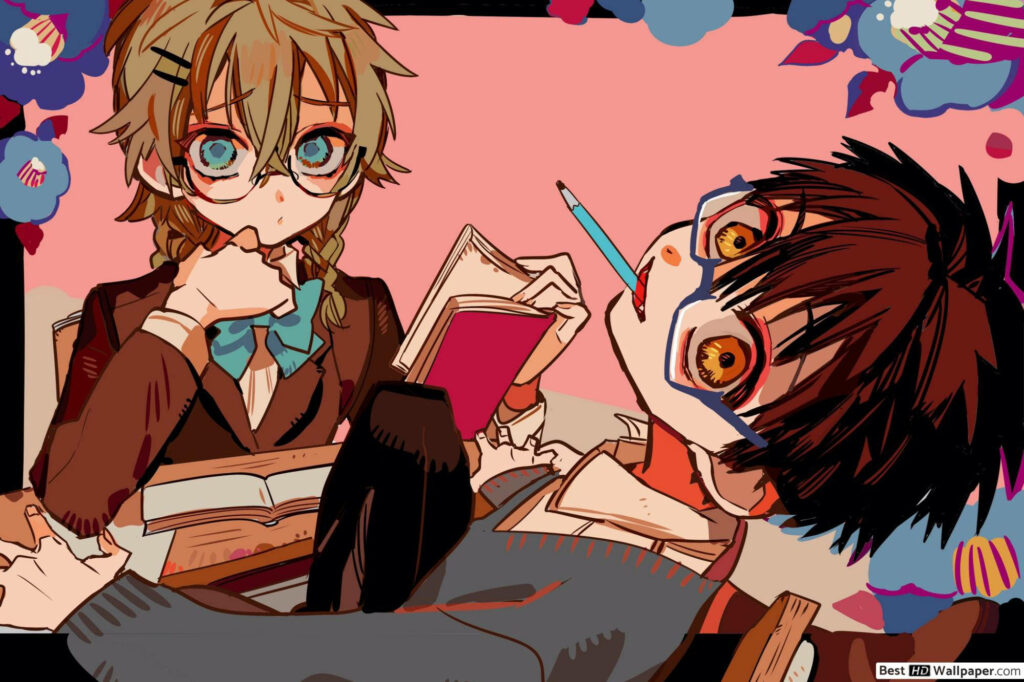 Pencil-Biting Study Buddies: Shikima and Hanako Kun Rocking a Vibrant Desktop Wallpaper