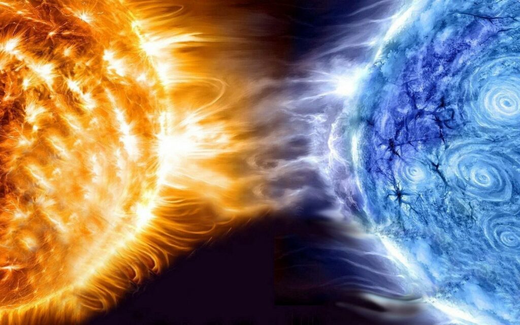 Cosmic Clash Wallpaper: Fiery Sun-Like Planet vs. Icy Blue World