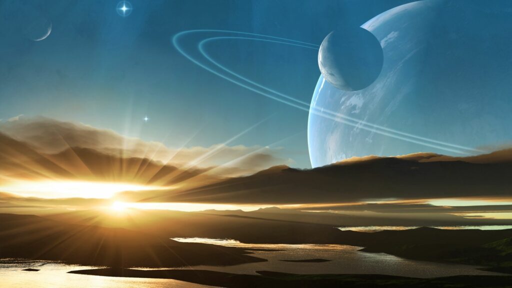 Stunning Distant Planet Wallpaper: Twilight Sky & Serene Water
