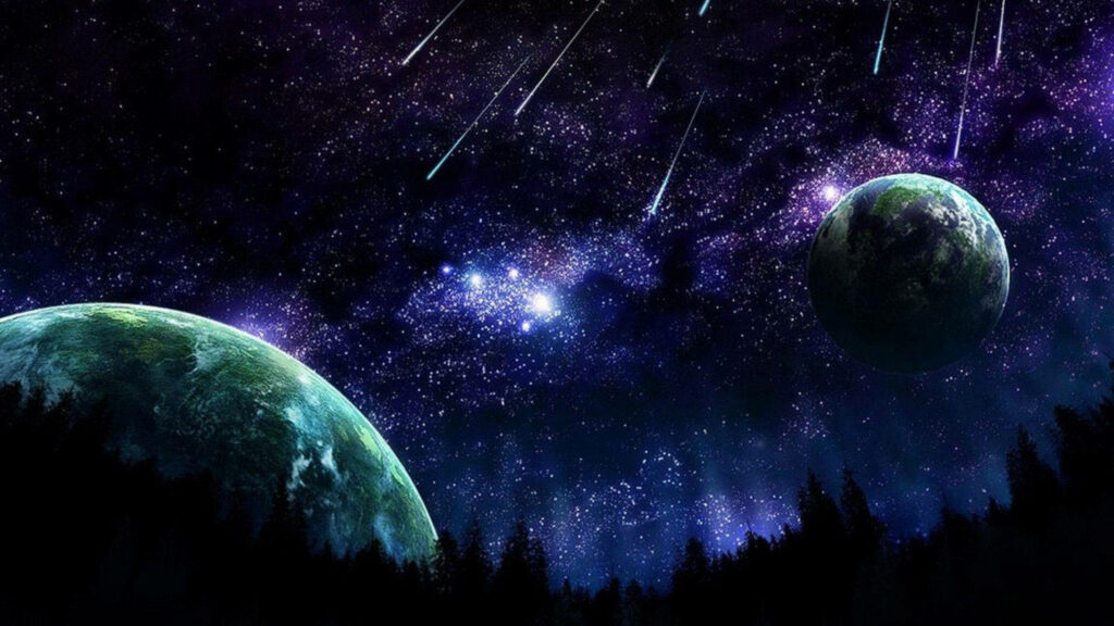 Stunning HD cosmic wallpaper with planets, shooting stars, and a forest silhouette at night.