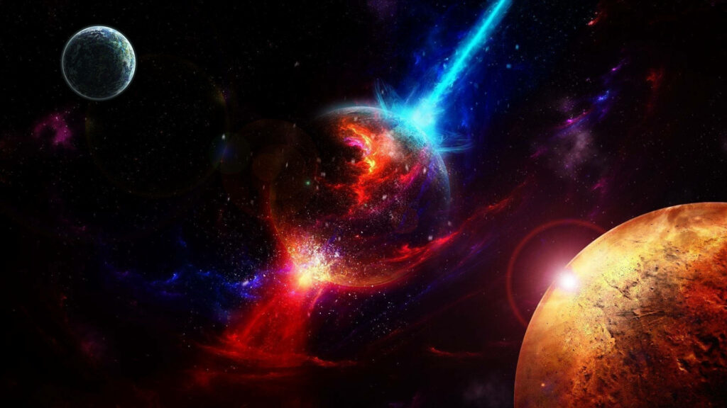 Stunning HD space wallpaper with a vibrant planetary explosion and glowing nebulae