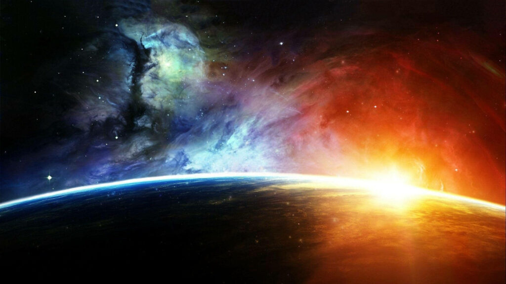 Stunning HD space wallpaper of a vibrant universe with sun rays, colorful clouds, and twinkling stars.