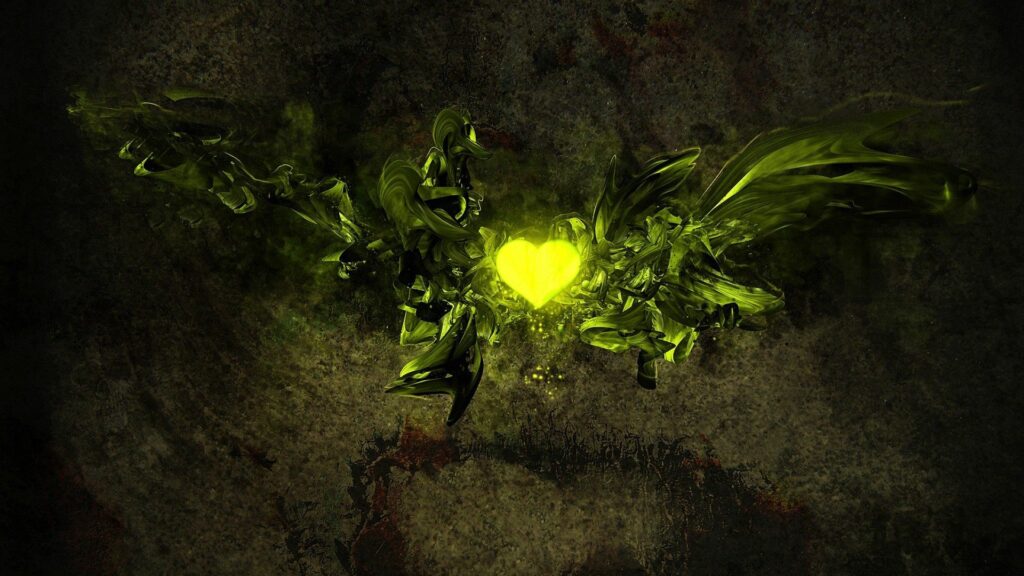 Glowing Green Heart Abstract Wallpaper with Dark Feathers - 1920x1080