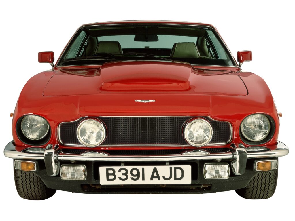 Stunning Red 1972 Aston Martin V8 Saloon Front View - Vintage Charm Wallpaper