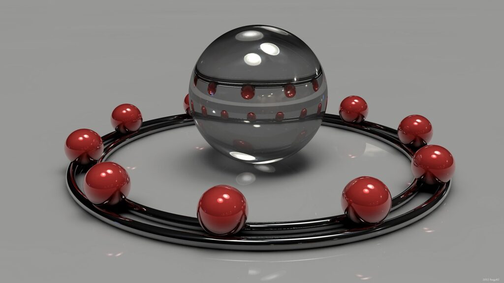 Futuristic 3D Art Wallpaper: Reflective Sphere & Red Spheres Design