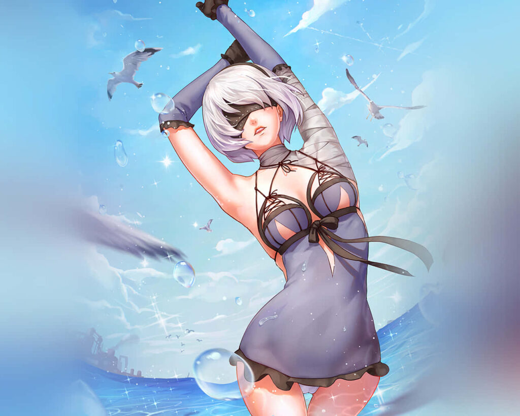 Stunning 2B Anime Wallpaper with Ocean Background - Dynamic Pose