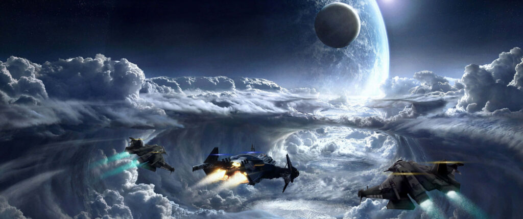 Stunning 3440x1440 Spaceship Wallpaper: Dramatic Cloudscape & Planet