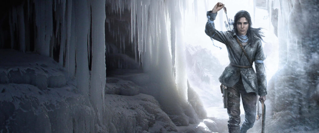 A Captivating Frozen Lair: The Breathtaking Rise of Lara Croft Amidst an Icy Cave in 3440x1440p Resolution Wallpaper