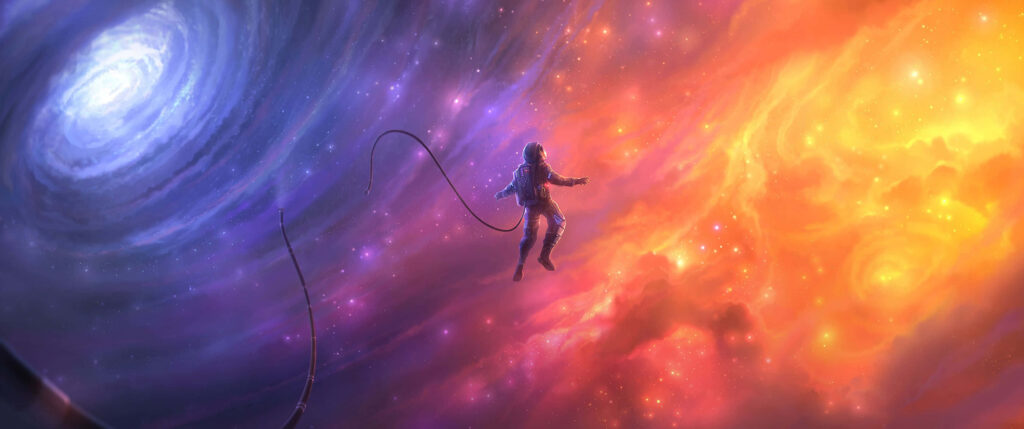Stunning 3440x1440 Astronaut Floating in Colorful Cosmos Wallpaper