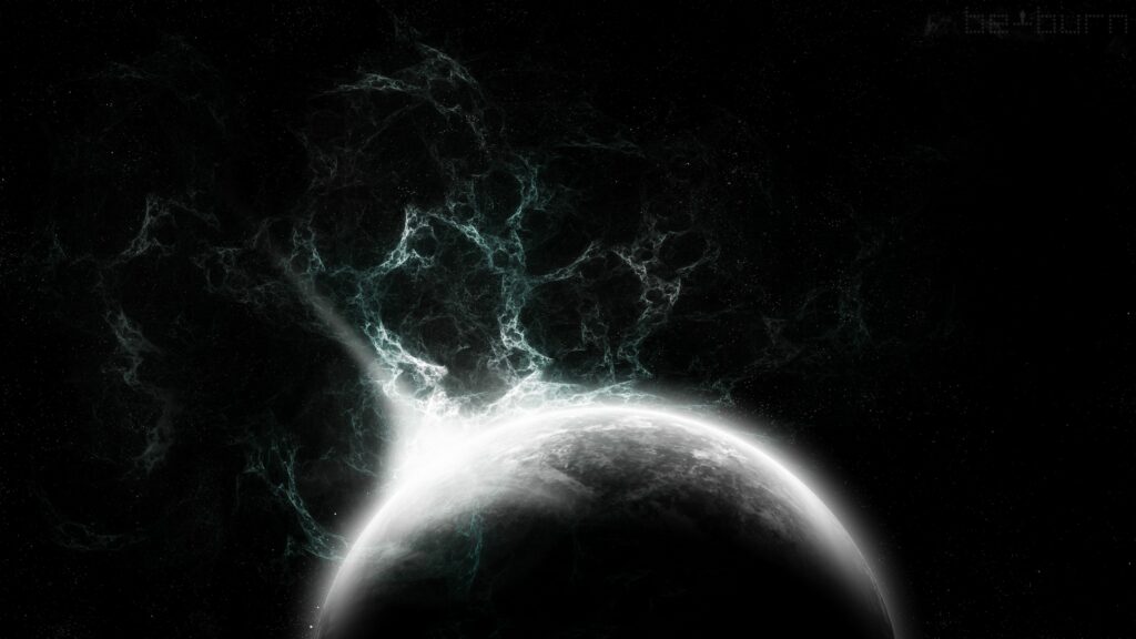 Intricate Dark Space Wallpaper with Illuminated Planet & Fractal Patterns