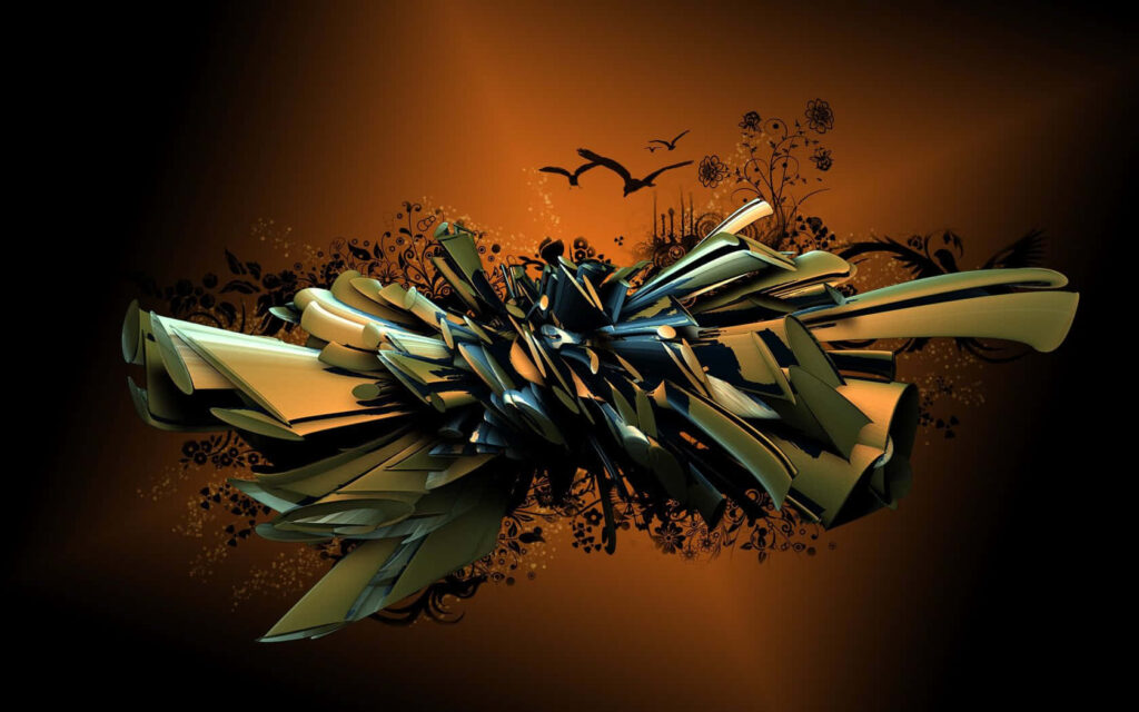Dynamic 3D Abstract Art Wallpaper with Dark Orange Gradient Background