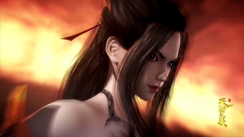 Stunning 3D Anime Girl Wallpaper: Intense Eyes & Fiery Background