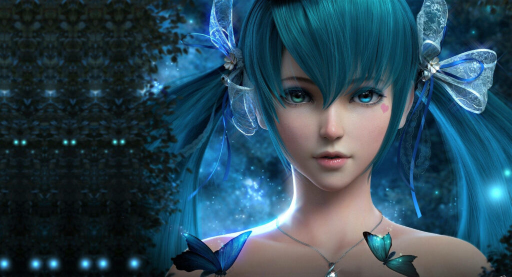 Enchanting 3D Anime Girl Wallpaper: Vibrant Blue Hair & Mystical Background
