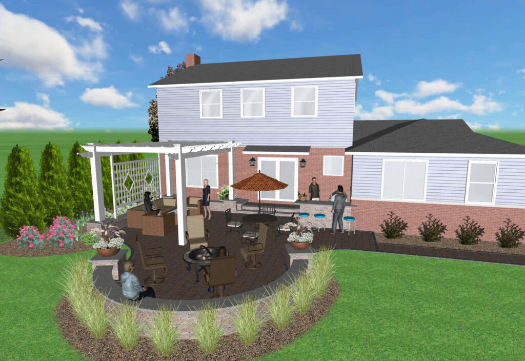 3D Outdoor Scene: Spacious Backyard with Patio & Lush Landscaping Wallpaper