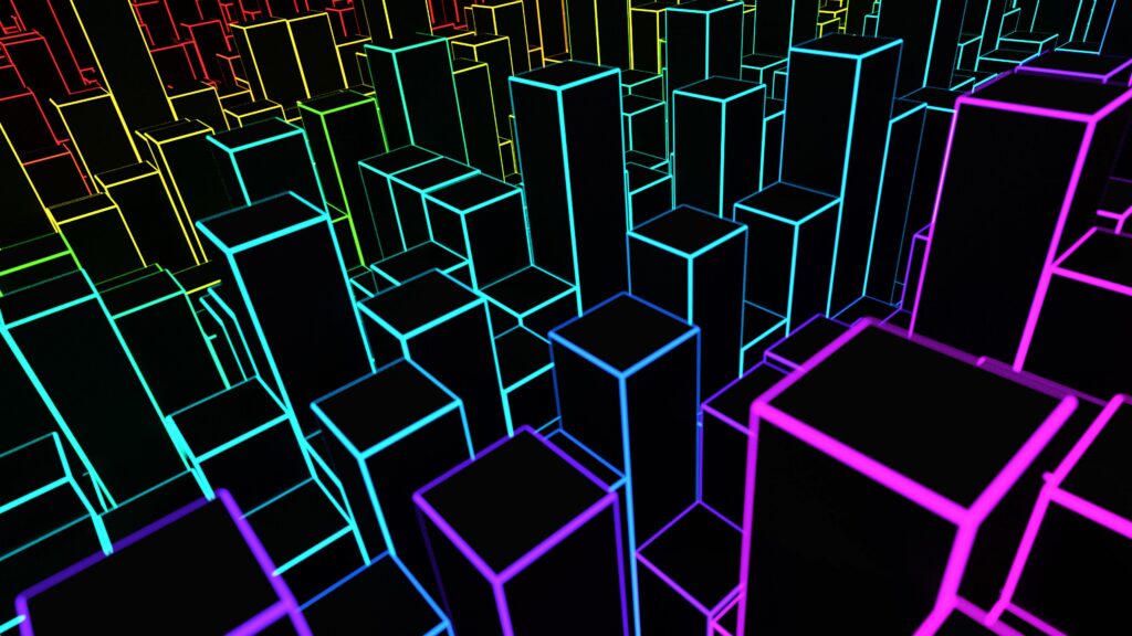 Futuristic 3D Landscape Wallpaper with Neon Outline Prisms