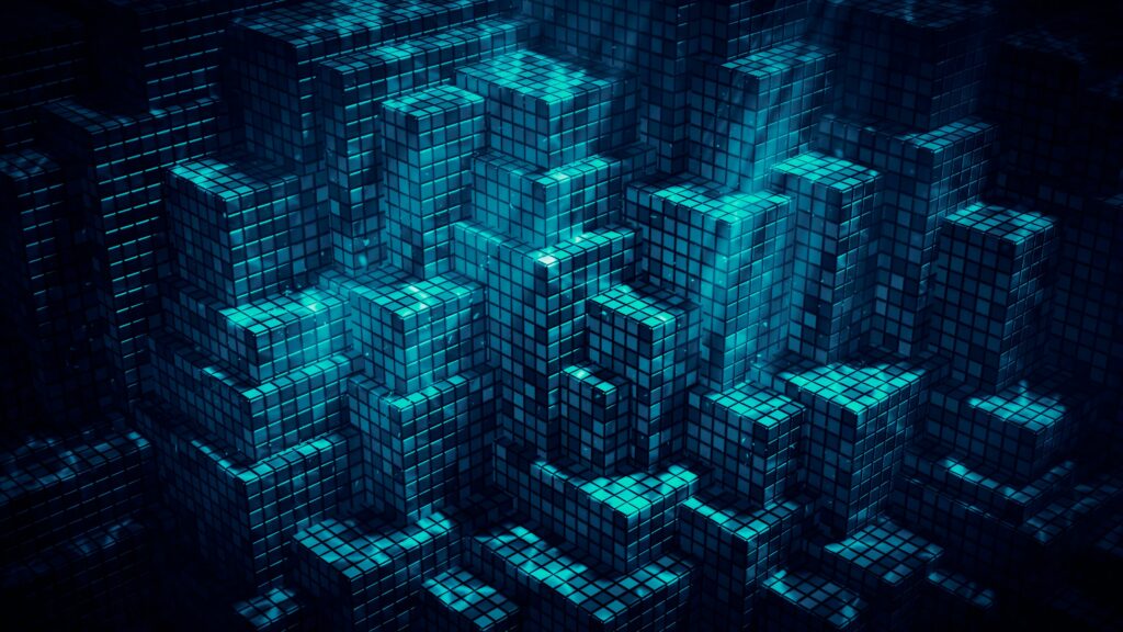 3840x2160 Blue 3D Mosaic Wallpaper: Futuristic Cityscape Design