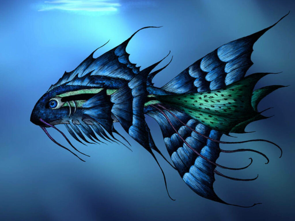 3D Blue Fish Swimming in Serene Ocean Background Wallpaper