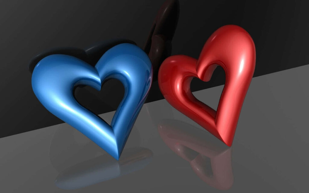 Intertwined Blue & Red 3D Hearts Wallpaper - Modern Reflective Design