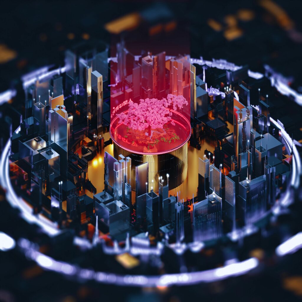 Futuristic Cityscape with Glowing Bonsai Tree - 3D Wallpaper