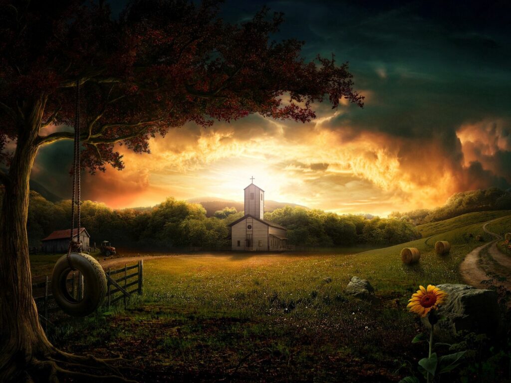 Stunning 3D Countryside Wallpaper: Rustic Church & Golden Sky