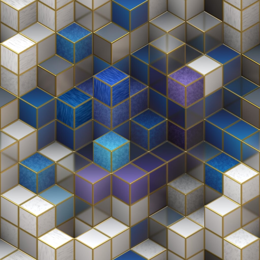 Intricate 3D Cube Wallpaper in Blue, White & Grey - Metallic Background