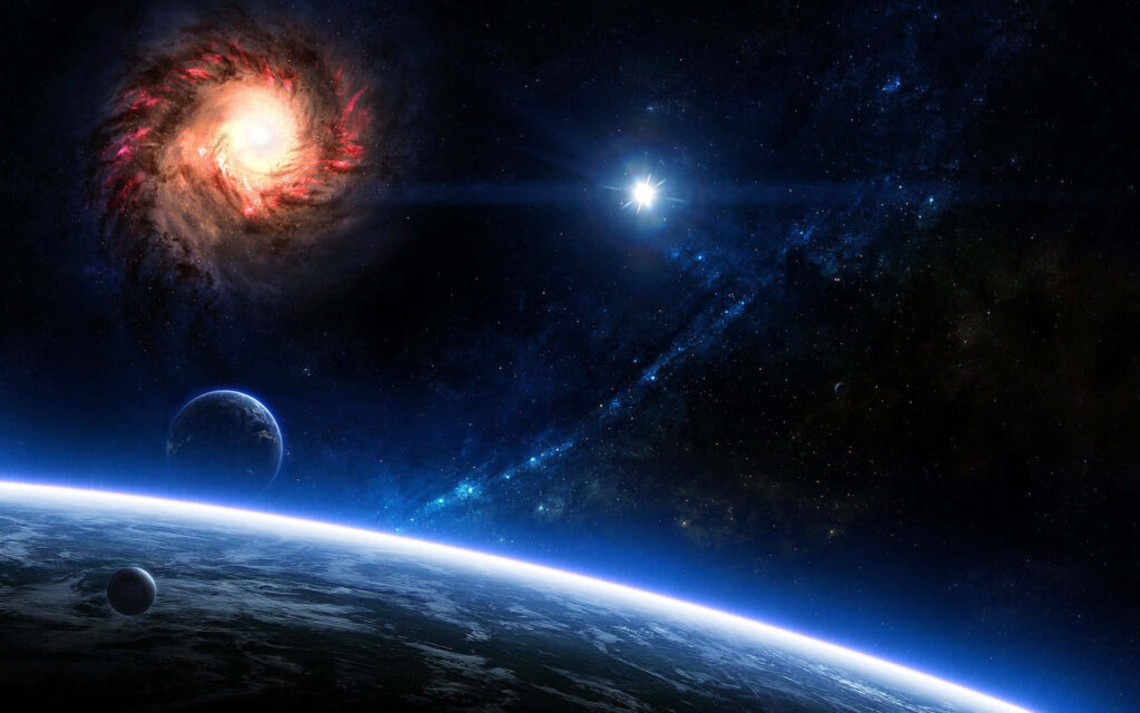 Stunning 3D Galaxy Wallpaper: Bright Swirling Galaxy & Planets