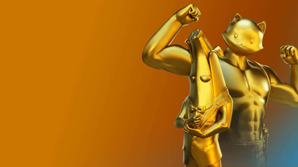 3D metallic gold Fortnite Golden Agent Peely and Meowscles in tuxedo on vibrant orange background Wallpaper