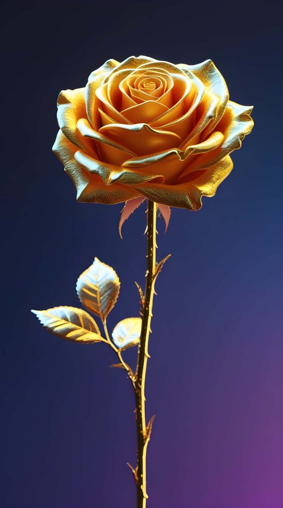 Golden rose 3D digital art with metallic petals and thorny stem on deep blue gradient background Wallpaper