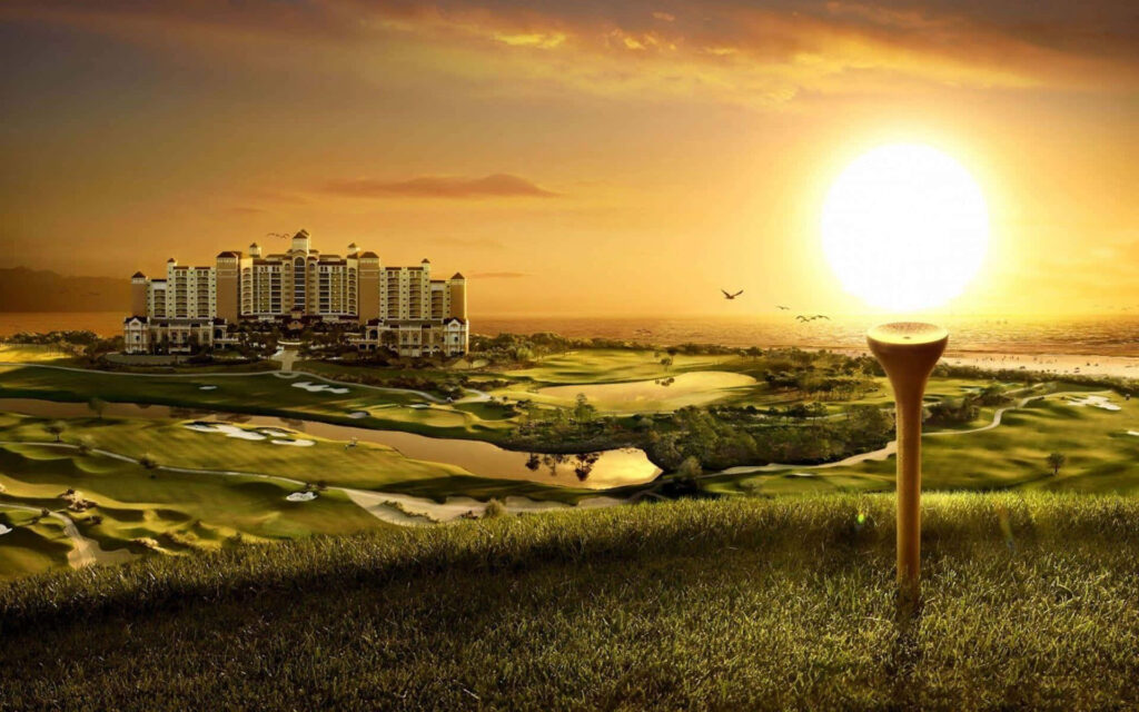 Stunning 3D Golf Course Sunset Wallpaper with Luxurious Background