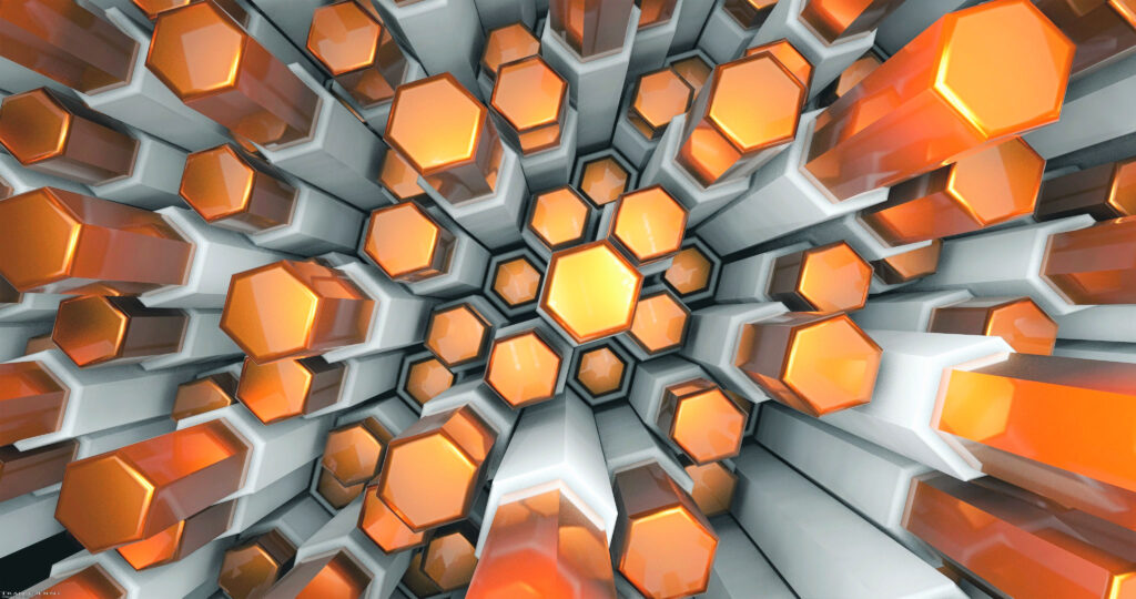 Vibrant 3D Hexagonal Wallpaper: Dynamic Tunnel Design in Orange & White