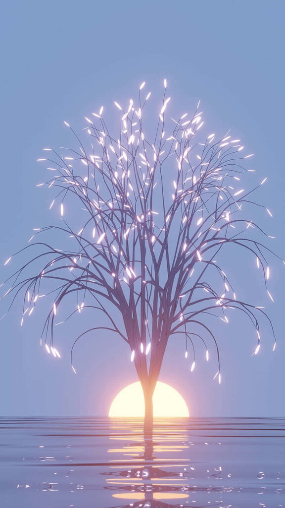 Serene 3D Twilight Tree Wallpaper: Glowing Branches & Pastel Sky