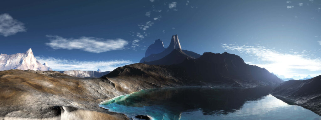 Serene 3D Landscape Wallpaper: Mountains, Turquoise Lake & Sky