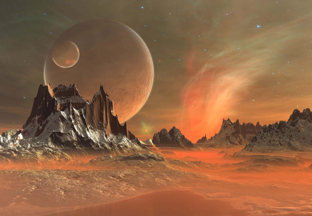 Surreal 3D Landscape Wallpaper with Vibrant Colors & Celestial Sky