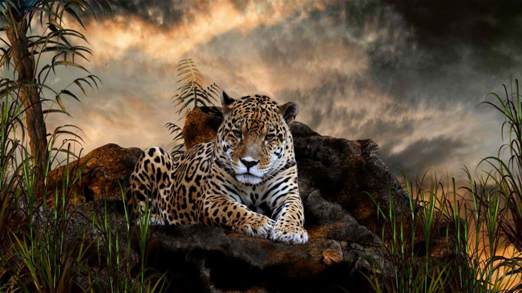 Majestic Leopard 3D Wallpaper: Lush Vegetation & Dramatic Sky Background