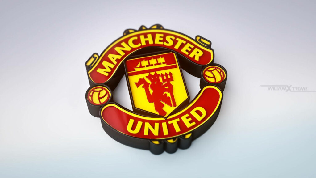 3D Manchester United logo wallpaper with bold red and gold details on a light background
