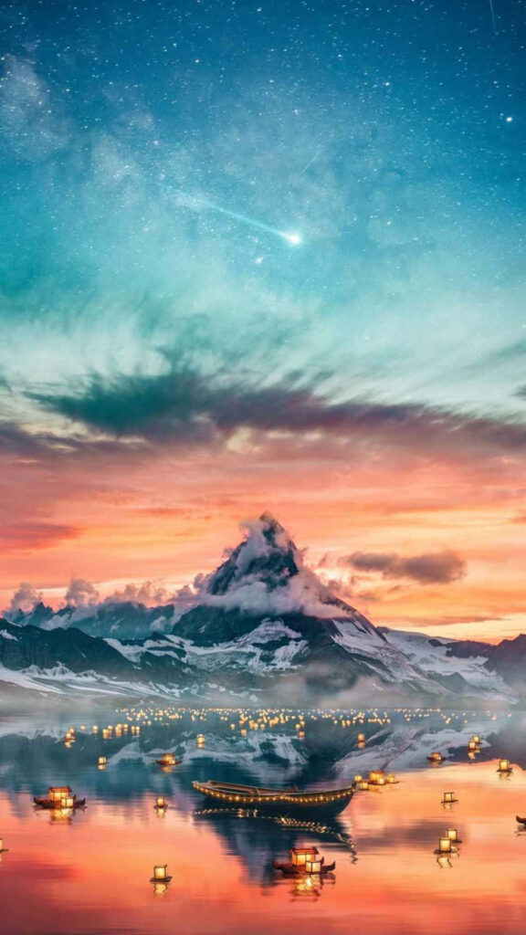 Stunning 3D Mountain Wallpaper: Vibrant Sunset & Starry Reflection