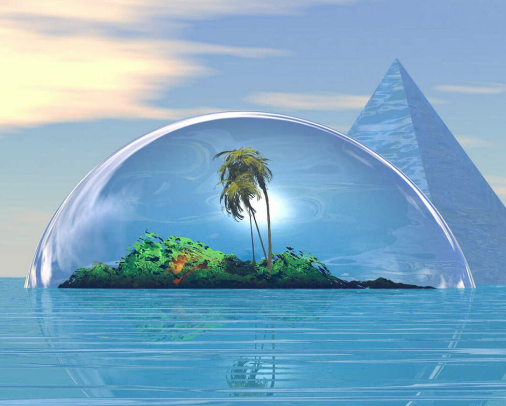 Lush Island 3D Wallpaper: Floating Bubble & Reflective Waters
