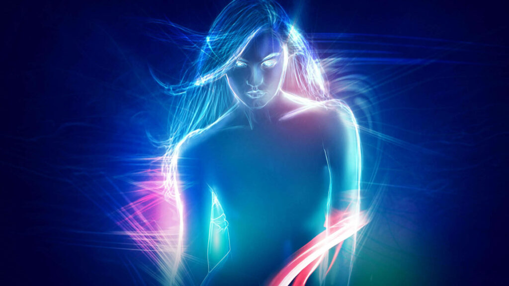 Vibrant 3D Digital Artwork: Luminous Woman & Neon Lights Wallpaper