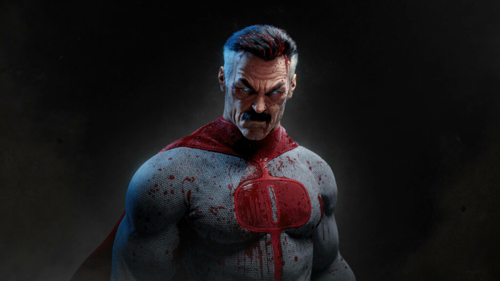 Omni-Man 3D Wallpaper: Intense Hero with Bloodstained Uniform